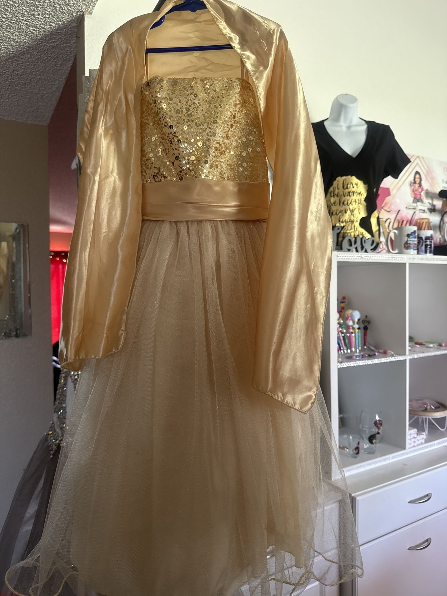Youth Gold Satin & Tulle Gown (Size 16–17)