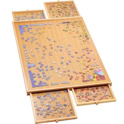 Jigsaw Puzzle Board For Adults - 1500 Pieces Bamboo Puzzle Board With 4 Drawers And Cover