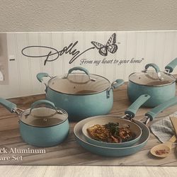 Dolly Parton 10 pc aluminum nonstick cook ware set with a slotted turner and solid spoon