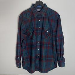 Vintage Pendleton Western Pearl Snap Flannel Mens Large Blue *FLAWS*