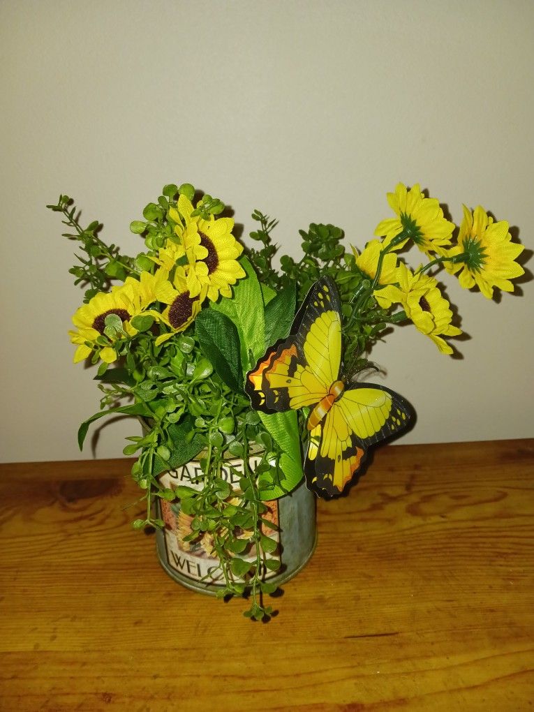 Beautiful Artificial Plant With Butterfly In Tin Bucket