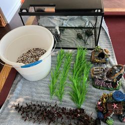 fish Tank And Decorations, Filter, Heater, Bucket 