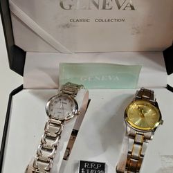 Geneva Men's & Women's  Silver Tone Classic Collection Watch Set Both Watches Have New Batteries - Never Used Open Box 