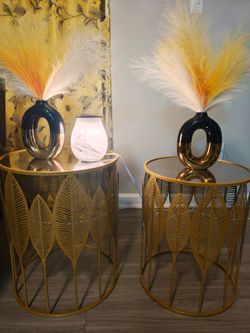 Gold Leaf Metal Side Tables Set of 2 plus decor