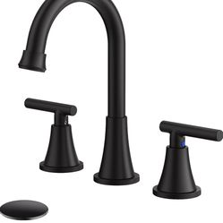 Bathroom Faucets for Sink 3 Hole, Hurran Matte Black Bathroom Sink Faucet with Pop-up Drain and Supply Lines, Stainless Steel Lead-Free Widespread Fau