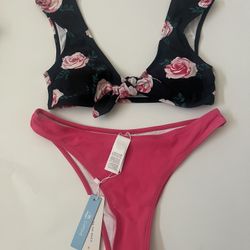 Pink and Black White rose bikini two piece set