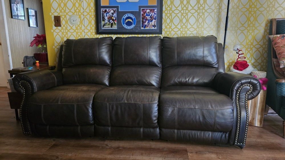 Brown Leather Sofa with Dual Power Recliners