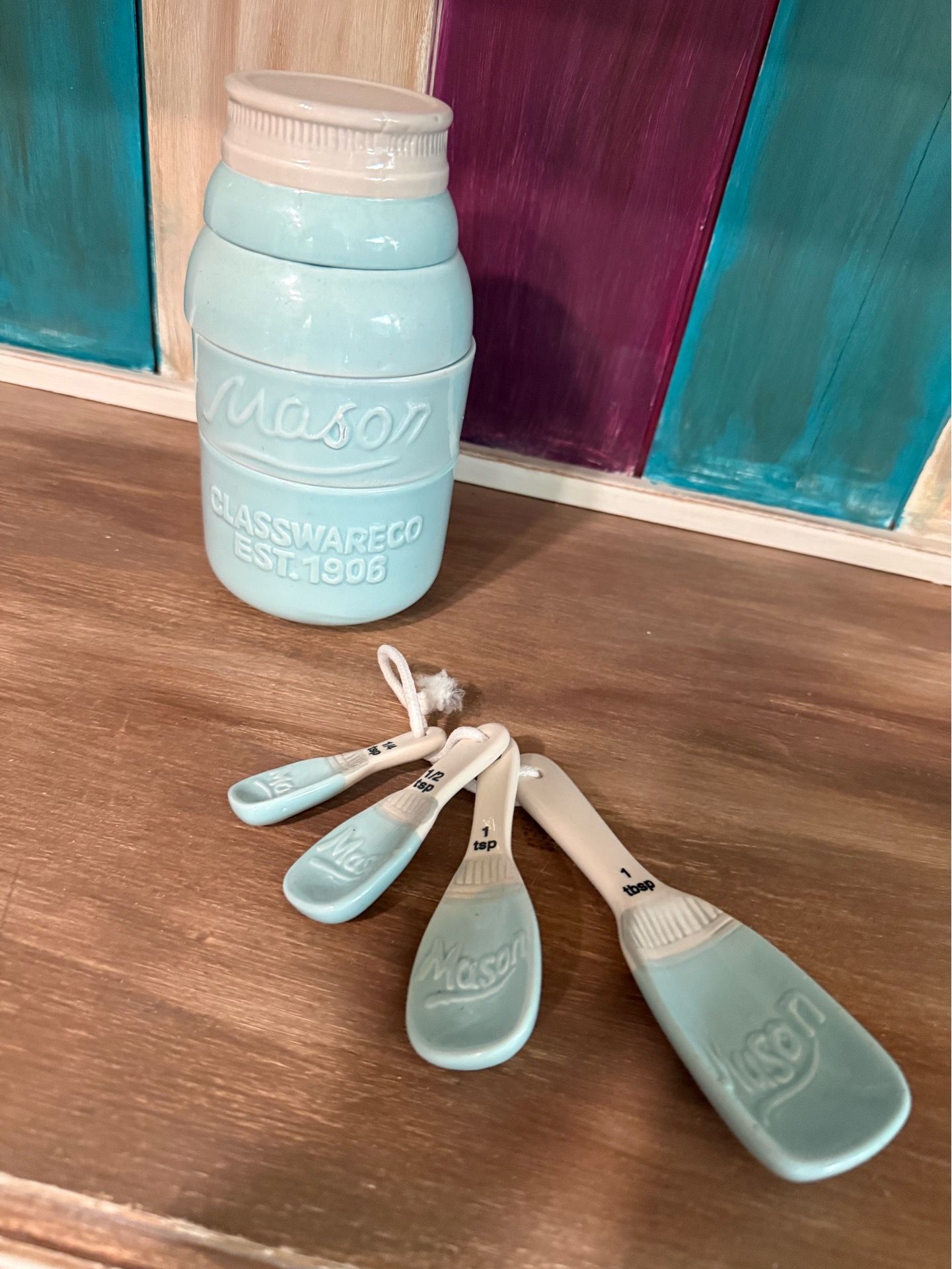 Mason jar measuring spoons, cups, and spoon rest
