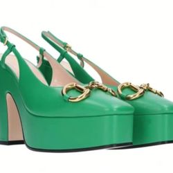 Gucci Nappa Horsebit Charlotte shamrock leather sling back heels
AUTHENTIC NEW
