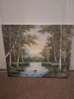 Original Signed Landscape Oil Painting – Birch Trees & River at Sunset