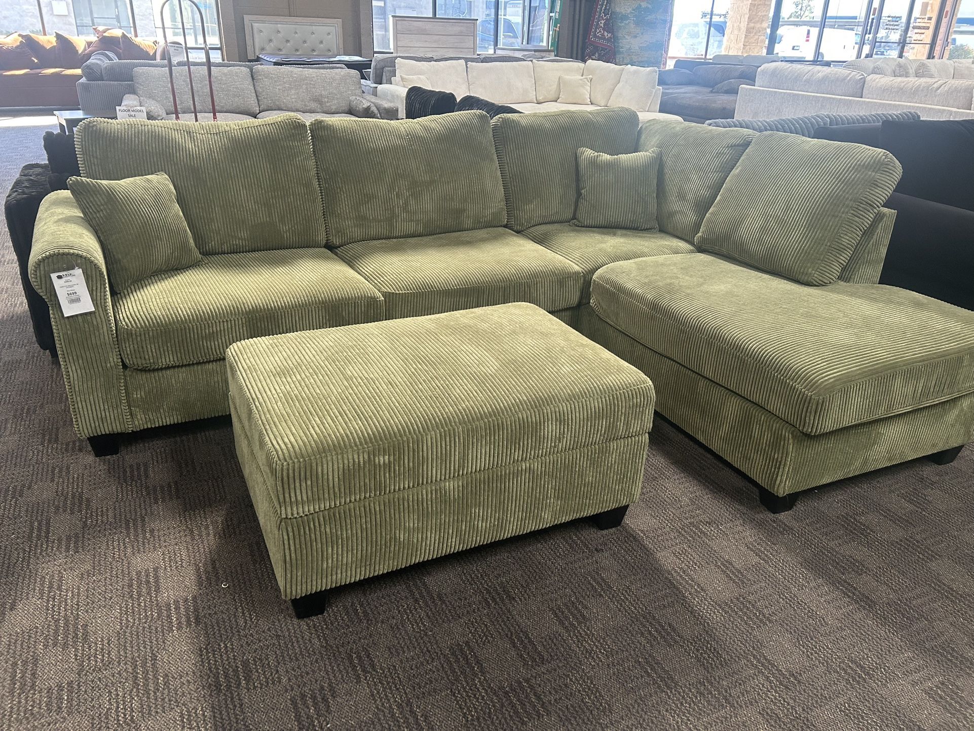 Sage Green Comfy Sectional W/ Storage Ottoman 
