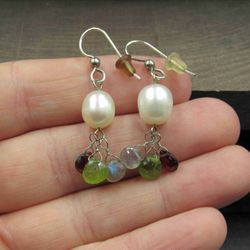 Sterling Silver Pearl Moonstone Peridot Garnet Earrings Vintage Wedding Engagement Anniversary Beautiful Everyday Minimalist Ornate Special