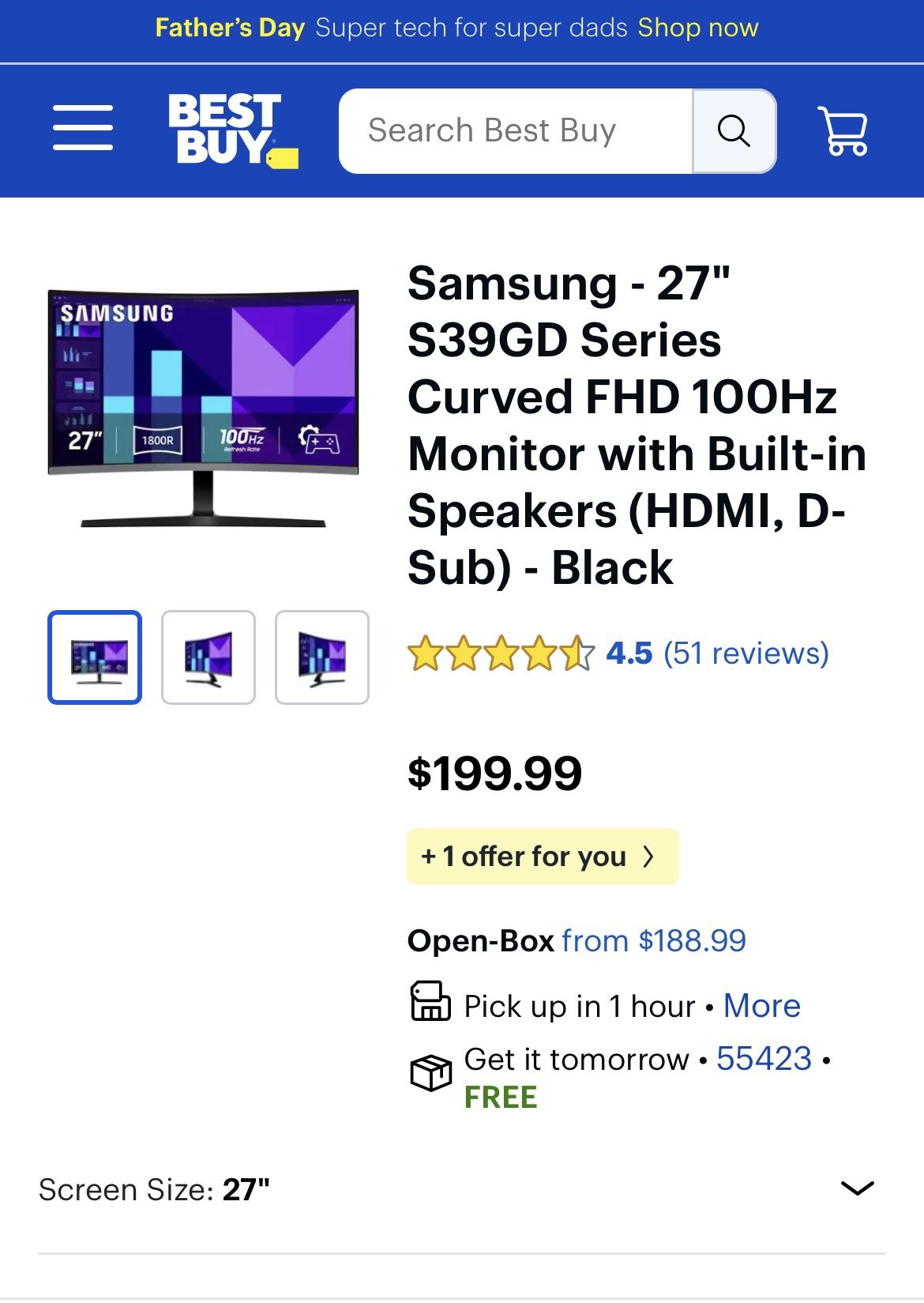 27” Samsung Curved Computer Monitor