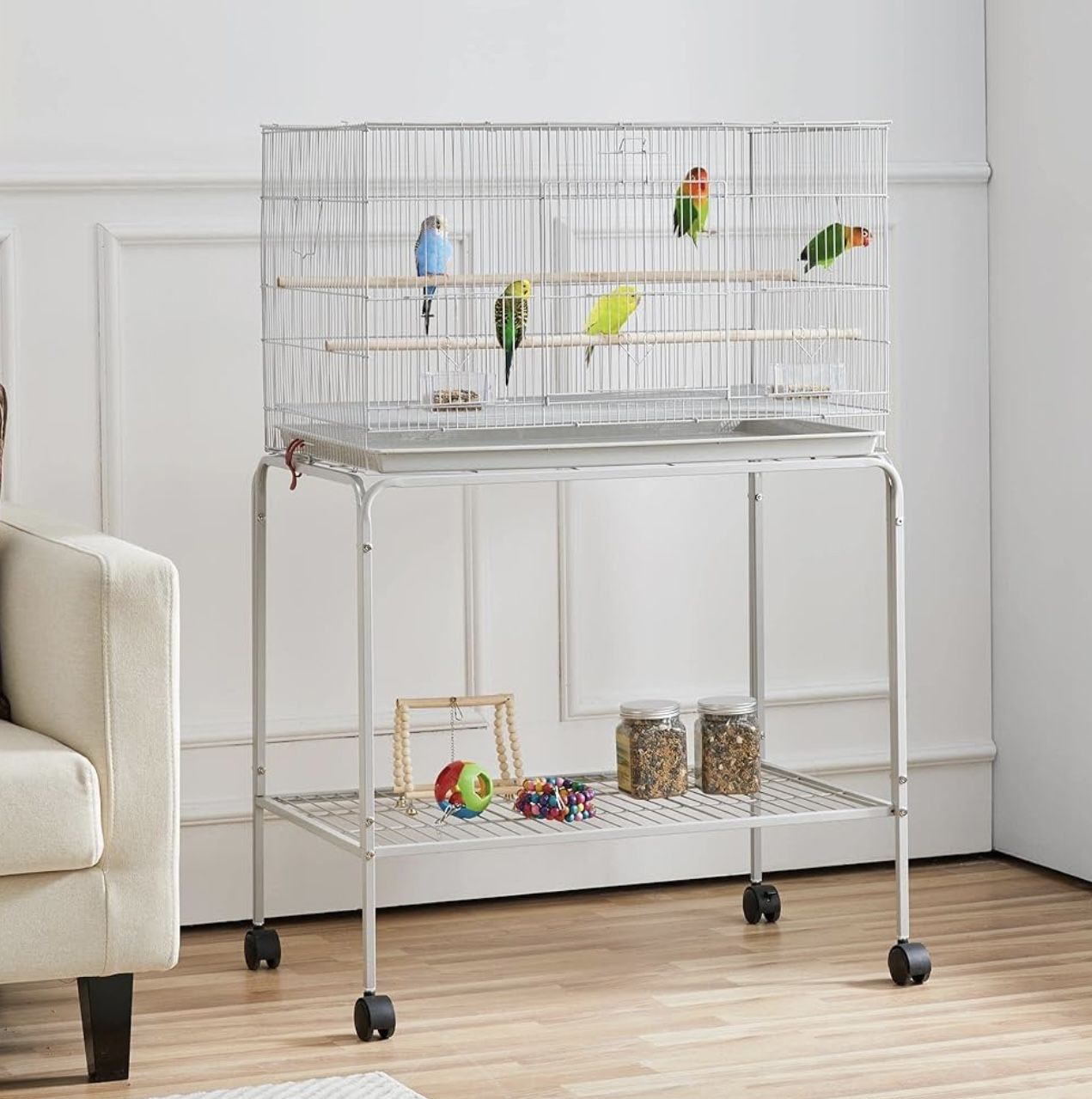 47'' Height Metal Flight Bird Cage Parrot cage for Parakeets Conures Budgies Lovebirds with Rolling Stand