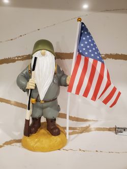 NEW Patriotic Solar Garden Gnome with American Flag 11" Resin Armed Garden Outdoor Statue Military HOME DECOR RARE