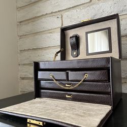 Elegant Brown Leather Jewelry Box w/ Drawers & Mirror