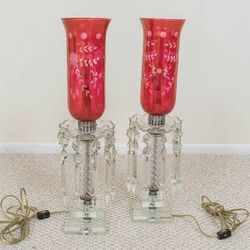 BEAUTIFUL PAIR OF VINTAGE CRANBERRY CUT TO CLEAR MANTLE LUSTER LAMPS