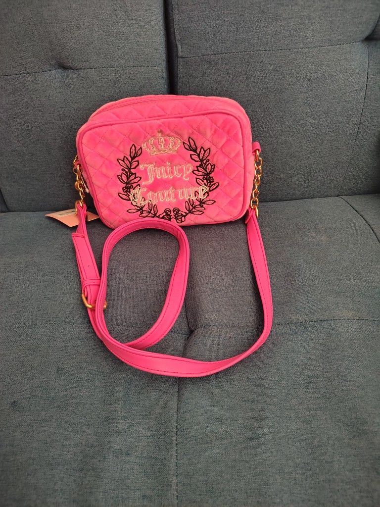 Juicy Couture Royal Couture Hot Pink Quilted Velour Crossbody Bag Purse Camera