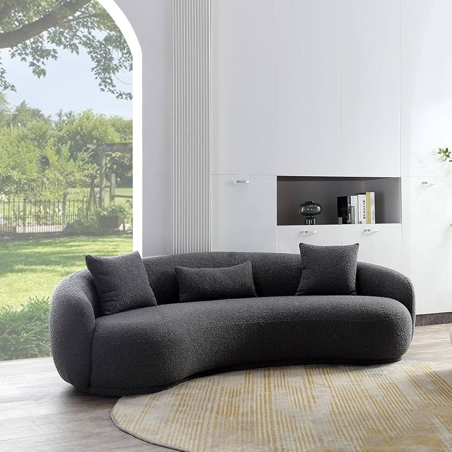 Mid Century Modern Curved Living Room Sofa, 4-Seat Boucle Fabric Couch for Bedroom, Office, Apartment, Grey $650