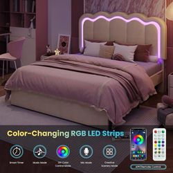 Full Size Bed Frame with LED Lights and Storage Drawer, Cream