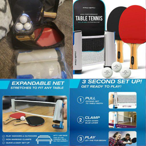 All-in-One Portable Ping Pong /Table Tennis Paddles Set w/ Retractable Net