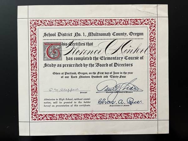 Vintage 1934 Multnomah Co School District 8th Grade Diploma