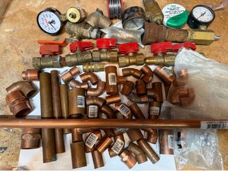 Large Lot of Copper & Brass  Fittinngs - Ball Values, Copper Pipe, Fittings, Solder & Flux