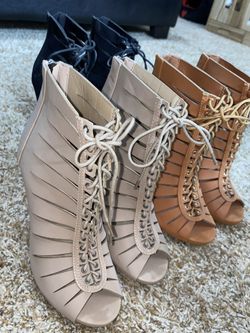 BROWN, BLACK, NUDE LACE UP HIGH HEEL BOOTIES