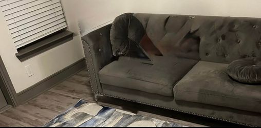 Gray Velvet Tufted Sofa with Nailhead Trim