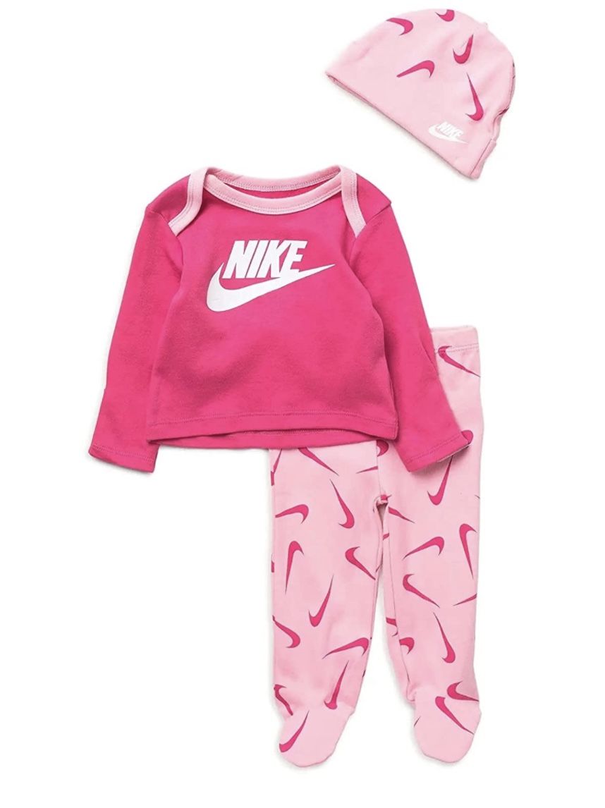 Nike Baby Girl Long Sleeve Top, Footed Pants & Hat Set Pink, Fuchsia & White Size 3mos