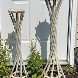 Pair Of Vintage Wicker & Bamboo Plant Stands