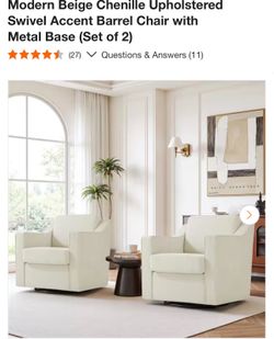 Modern Beige Chenille Upholstered Swivel Accent Barrel Chair with Metal Base