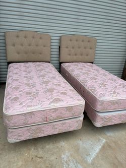 Matching Set of 2 Twin Beds with Tufted Headboards & Mattress/Box Spring Sets