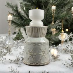 Snowflake Double Sided Pot / Vase /Candle Holder. Winter Decor., Speckled Ceramic. 