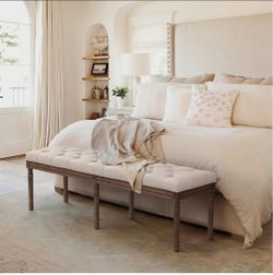 60" Fabric End of Bed Bench, Upholstered Tufted French Bedroom Bench with Carved Dark Brown Legs for Bedroom End of King Size Bed, Living Room, Linen