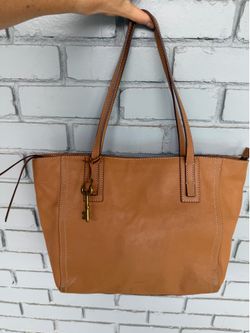 Fossil Genuine Leather Tote Bag Cognac Tan Large Shoulder Purse Key Charm