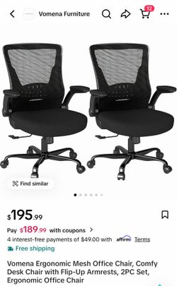 Vomena Ergonomic Mesh Office Desk Chair with Flip-Up Armrests (2-Pack Set, Black)