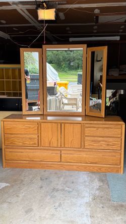 Oak Dresser with Tri-Fold Mirror