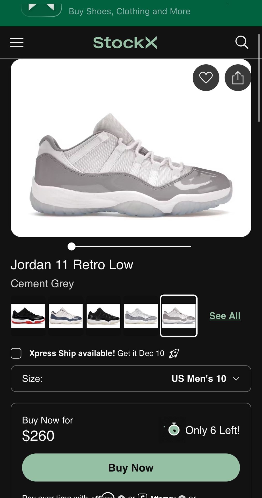 JORDAN 11 CEMENT GREY (WORN ONCE)