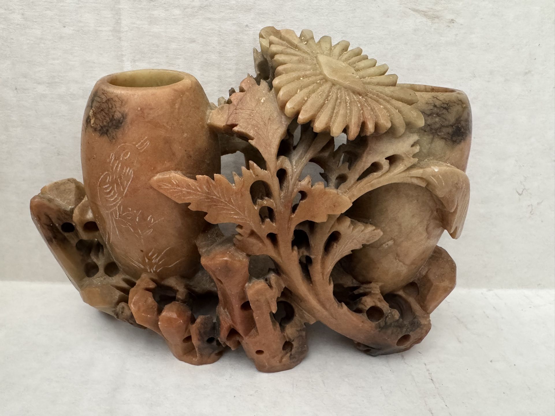 antique Chinese hand carved floral soapstone Double vase