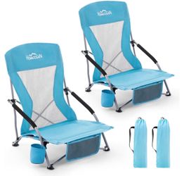 Portable Low Folding Beach Chairs Set of 2 - Lightweight Camping Chairs for Adults with Cup Holder & Storage Pockets, Carry Bag Included (Blue)