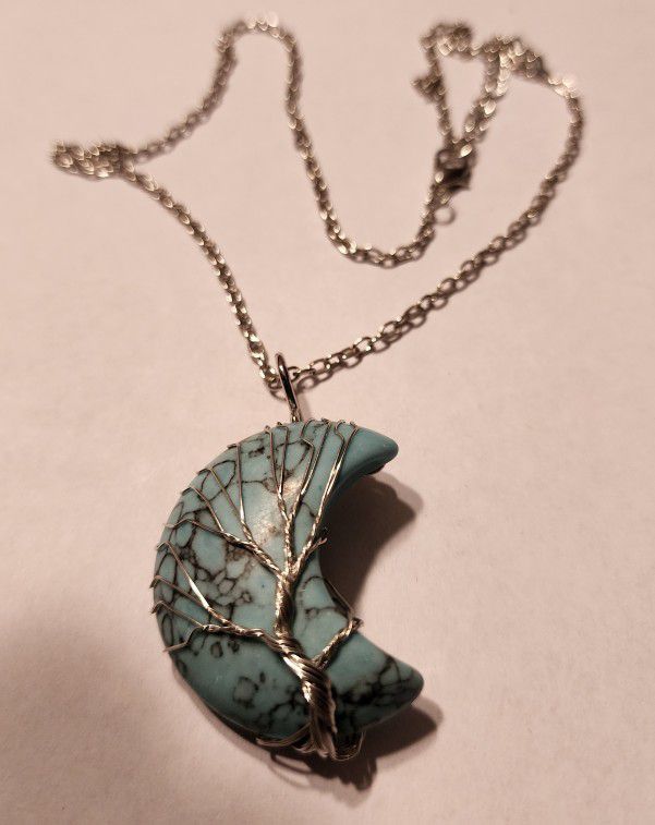 Tree of Life Wire Wrapped Natural Healing Crystal Necklace Birthstone Cresent December Turquoise