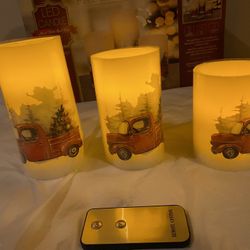 Fitz & Floyd LED Candle Set 3pc Christmas Red Trucks Flameless Pillar w/remote