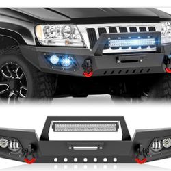 for Grand Cherokee WJ Front Bumper Compatible with 1 2001 2002 2003 2004 Jeep Grand Cherokee WJ 2nd Gen with 5 x LED Lights, Winch Plate, Lice