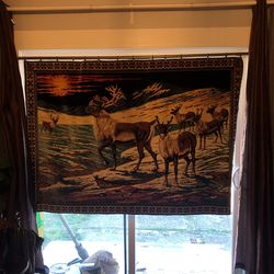 Antique Textile Wall Tepestry On Hooks And Rod