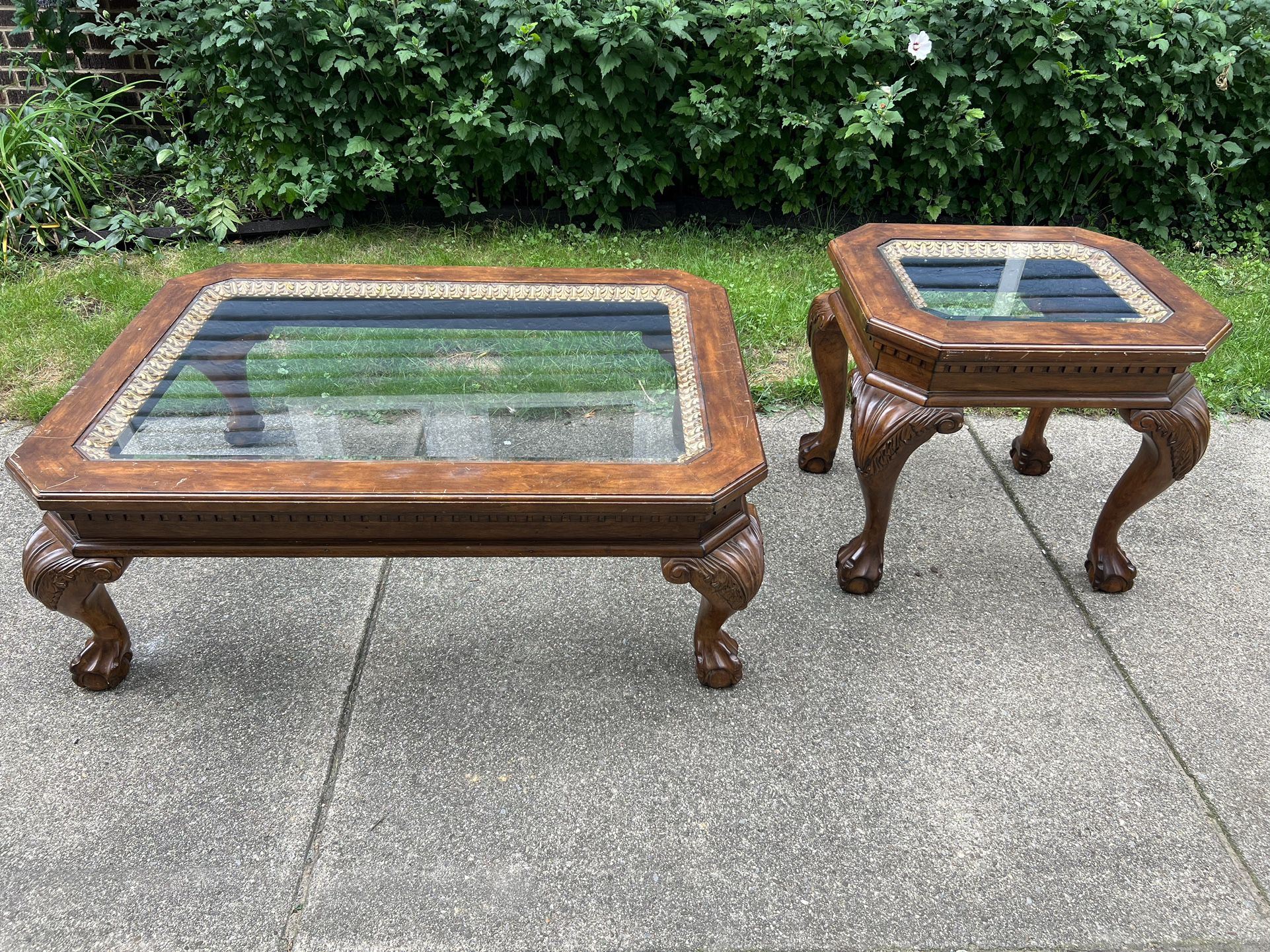 Large solid wood and glass top coffee & end table