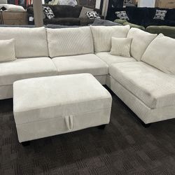 Cream Comfy Sectional W Storage Ottoman 