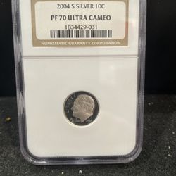 2004 S Gem Proof Perfect Graded SILVER Roosevelt Dime Graded At PR70 Ultra Cameo 3-7