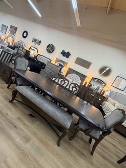 Dark Solid Wood Dining Table Set with Bench