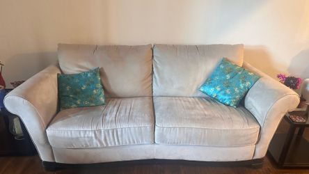 7ft Beige Sofa/Couch with Rolled Arms – Good Condition